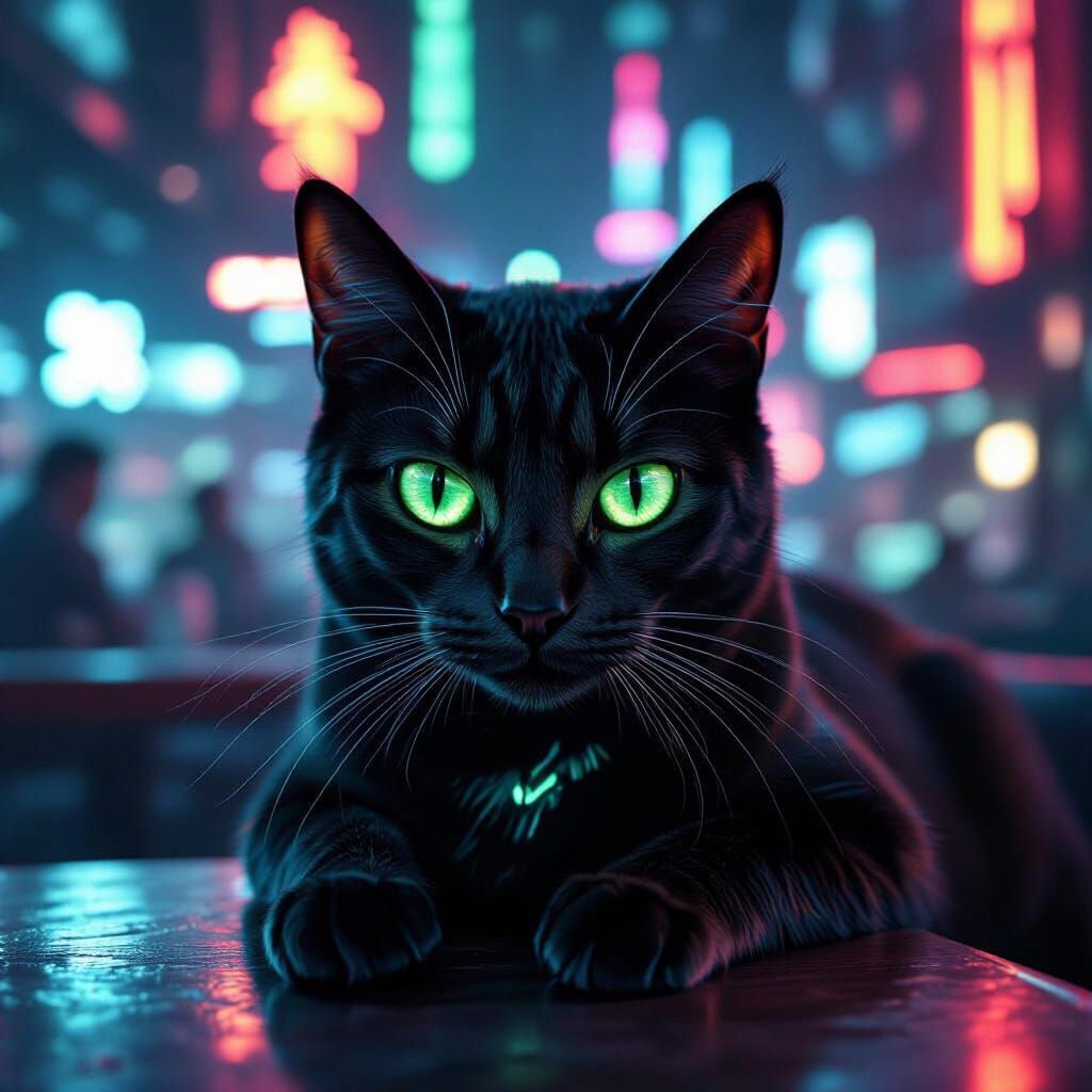 Sleek Cat With Dark Green Eyes in Cyberpunk Cafe