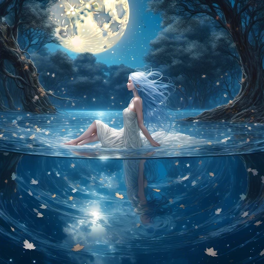 Girl with Blue Hair Under Moonlight