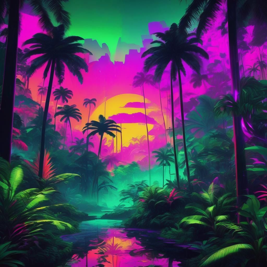 Cyberpunk Tropical Jungle with Neon and Psychedelic Details