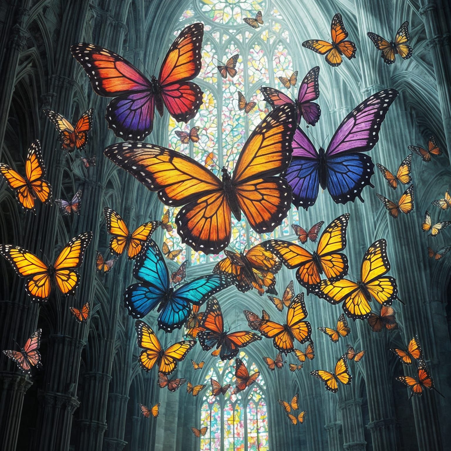 Stained Glass Butterflies Around Gothic Cathedral