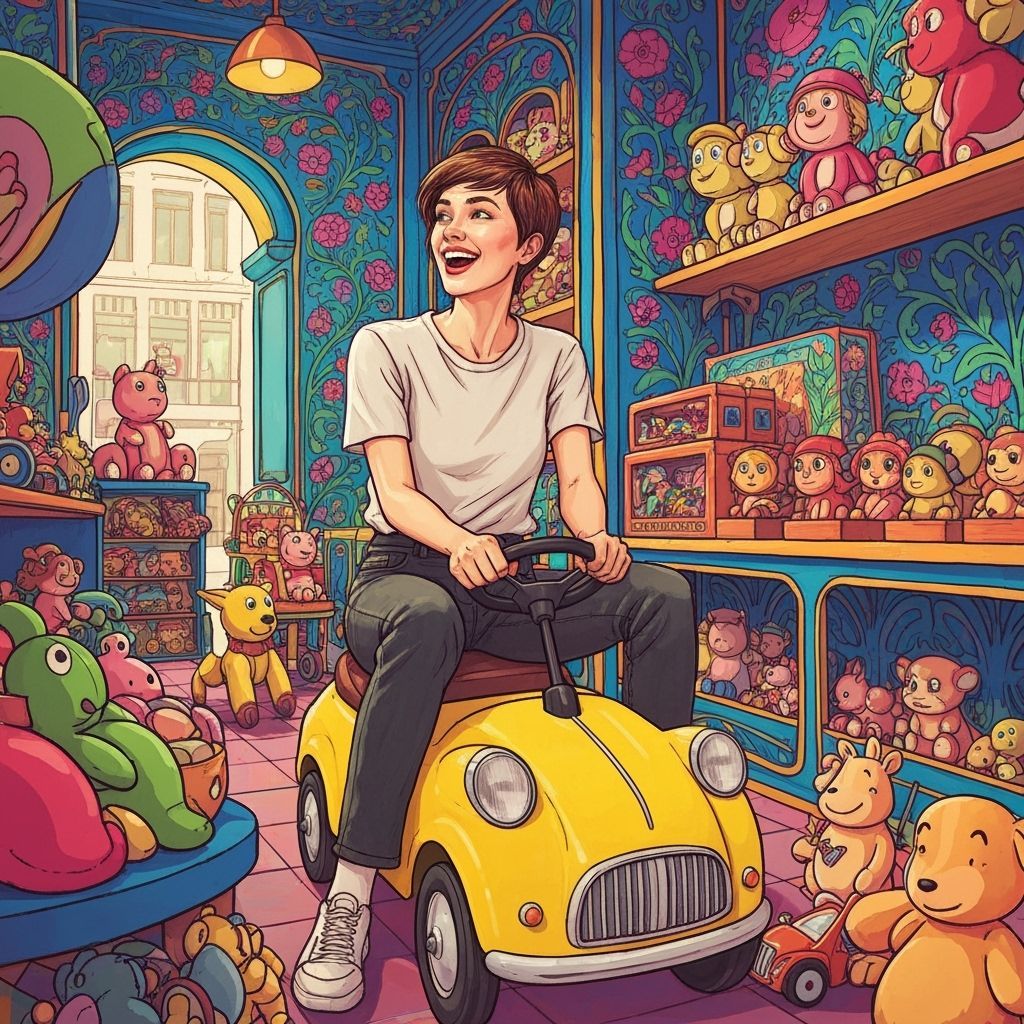 Woman Rides Toy Car in Toy Shop, Digital Art
