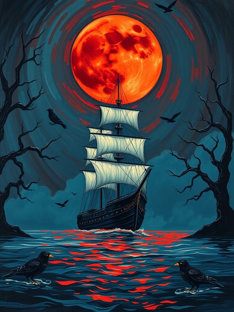 Majestic Ship Under Red Moon: Expressionist Painting