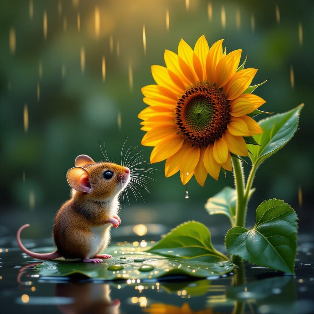 Tiny Mouse Shelters Under Sunflower Petal in Golden Rain