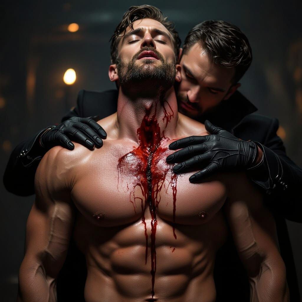 Vampire Biting Muscular Man in Dramatic Cinematic Scene