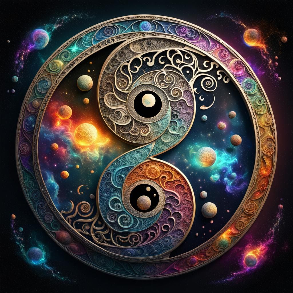 Intricate Yin Yang Symbols with Cosmic Background