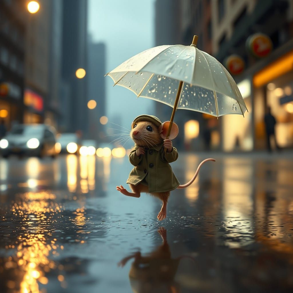 Whimsical Mouse Twirls in Rainy City Streets