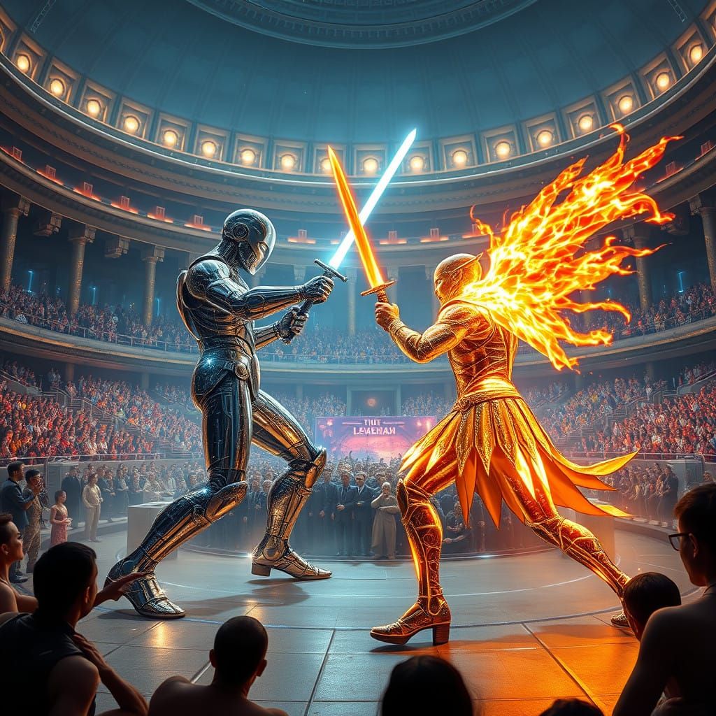 Epic Futuristic Arena Showdown in Cyberpunk Style