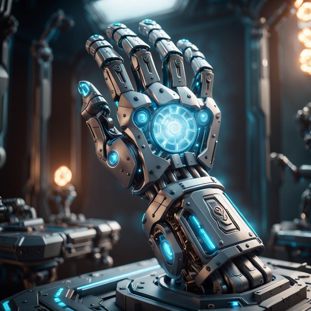 Robotic Hand with Light Blue Energy in 3D