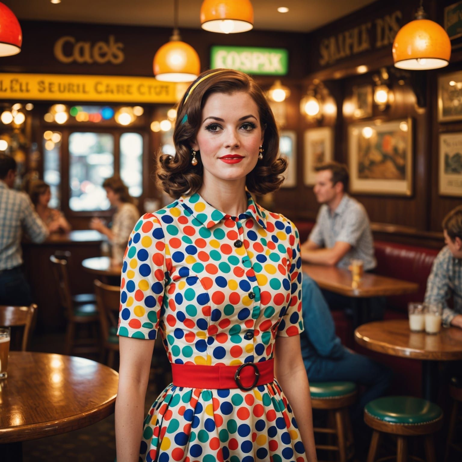 Woman in Polka Dot Dress in American Pub