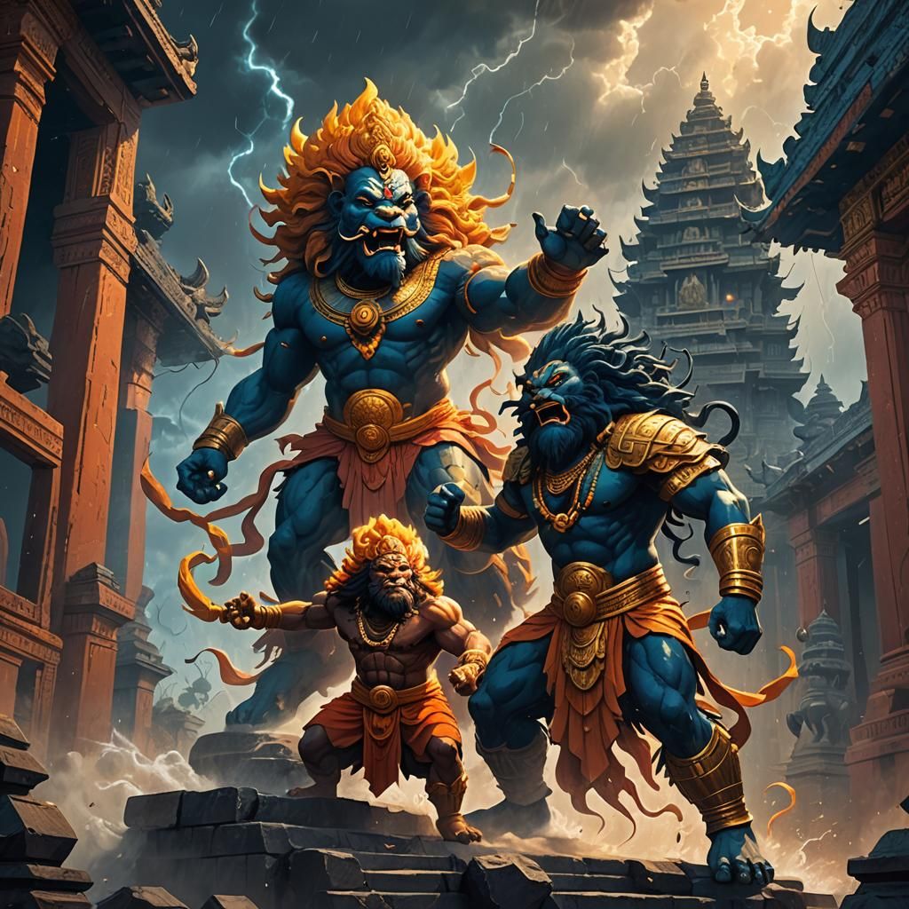 Hindu Deities Clash in Stormy Temple, Fantasy Art