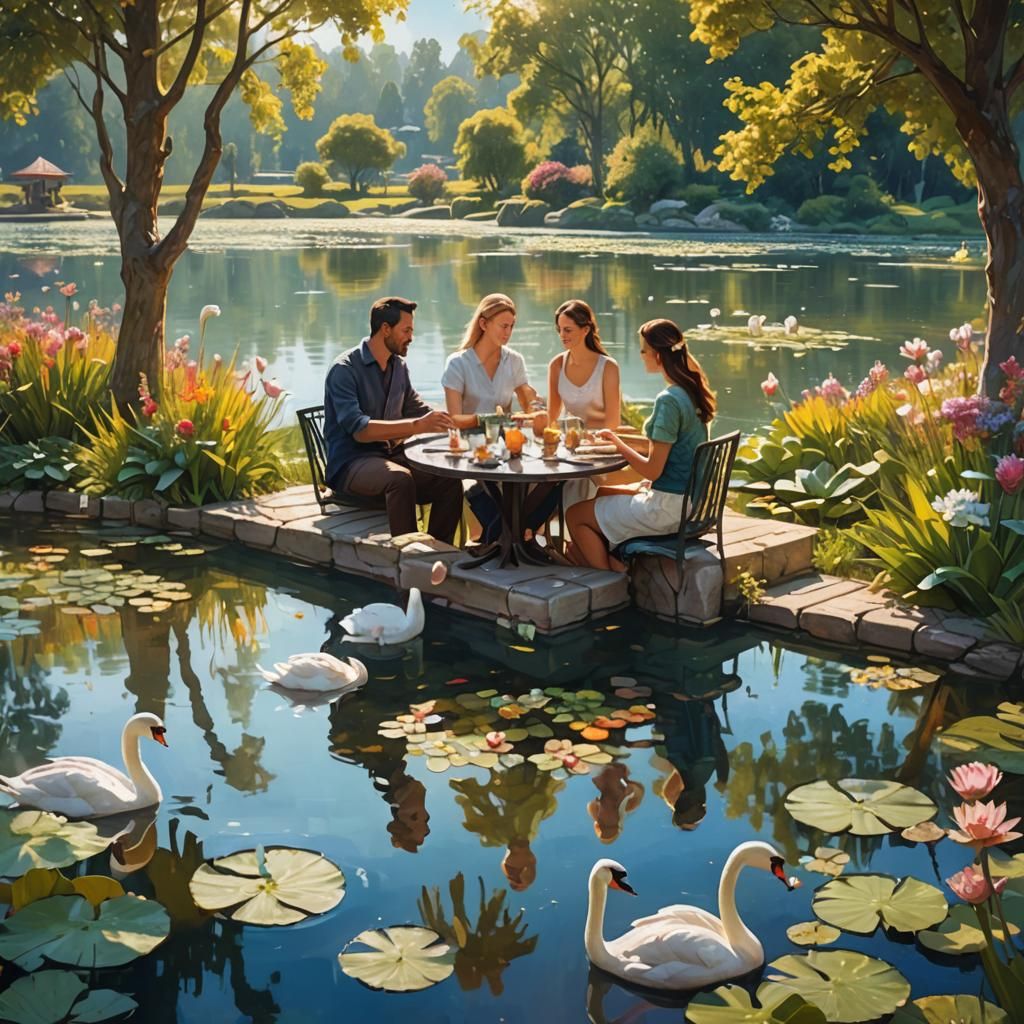 Fantasy Family at Lakeside Cafe: Digital Art