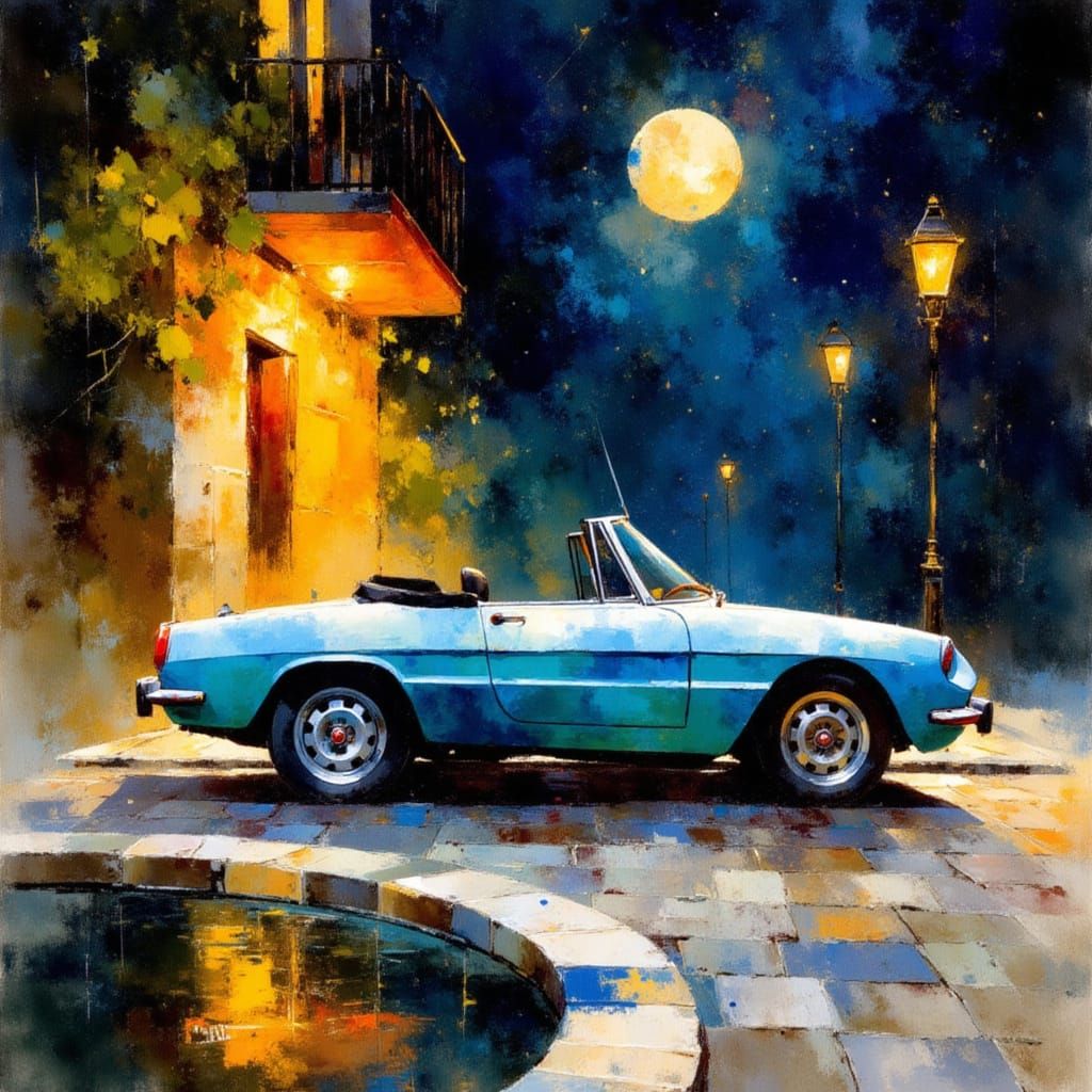 Hyper-Realistic Watercolor Alfa Romeo Spider at Sunset