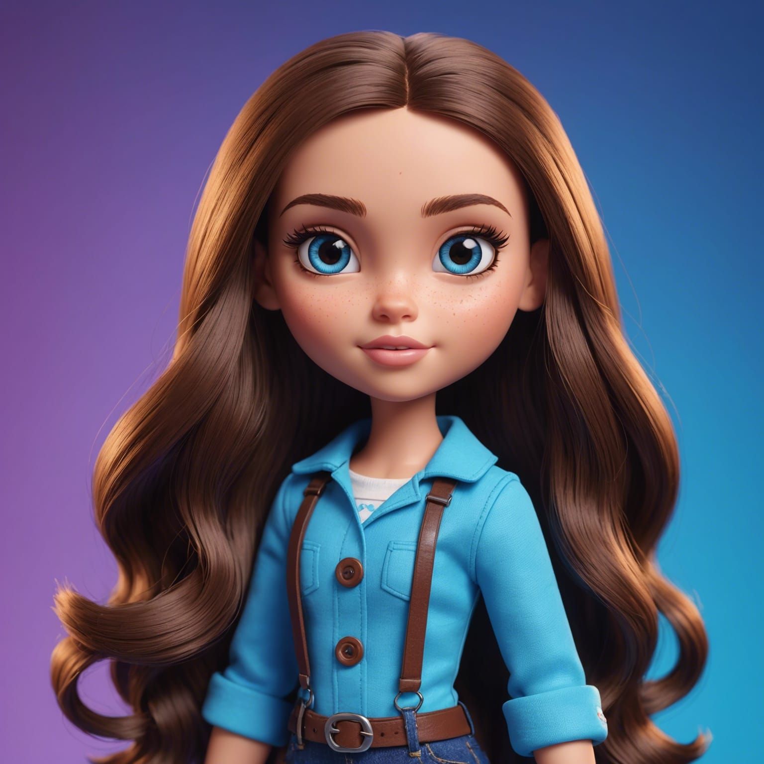 A Bratz doll with brown hair and blue eyes