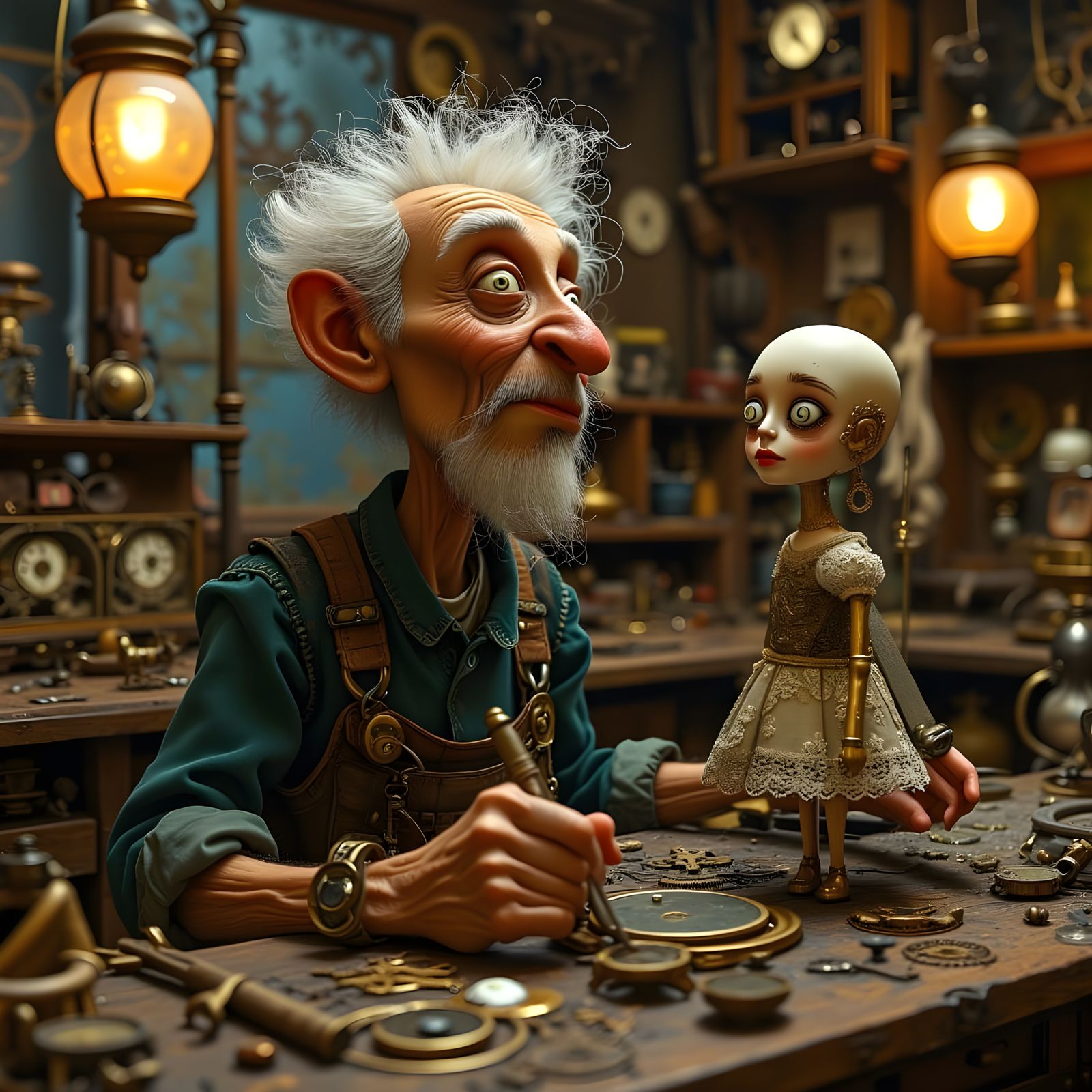 Steampunk Toymaker Surrounded by Clockwork Wonders
