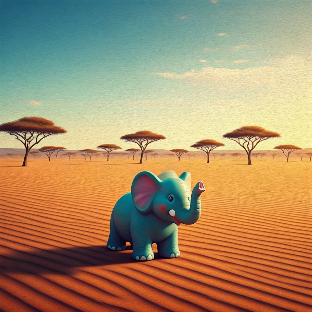 Whimsical Rubber Elephant in Sun-Drenched Desert
