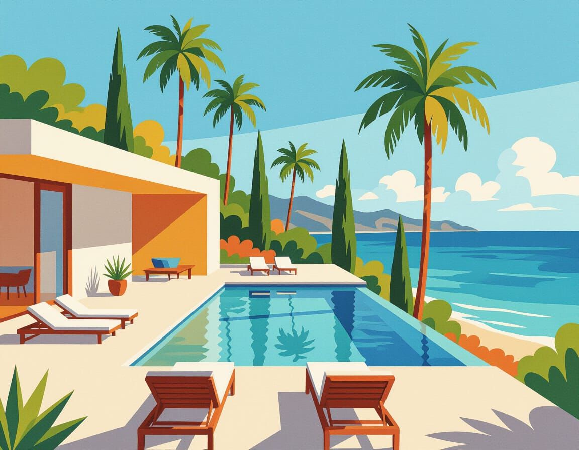 Modern House Near Ocean in Abstract Style