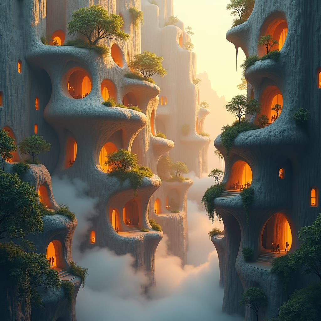 Dreamlike Honeycomb Cityscape with Golden Light