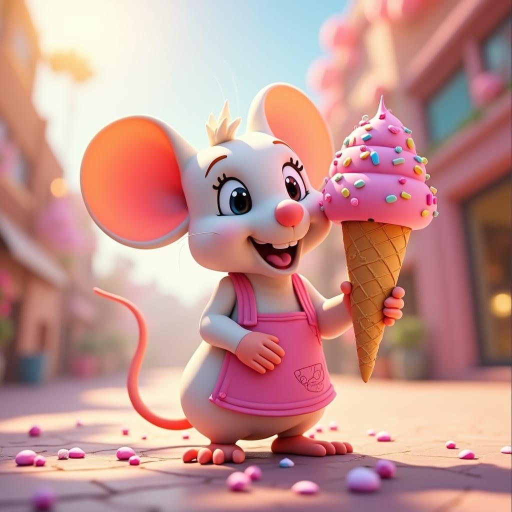 Charming Mouse with Ice Cream, Disney-style 3D Render