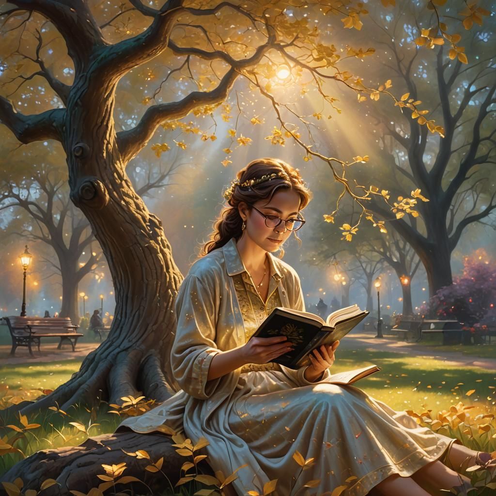 Ethereal Woman Reading Under a Glowing Tree