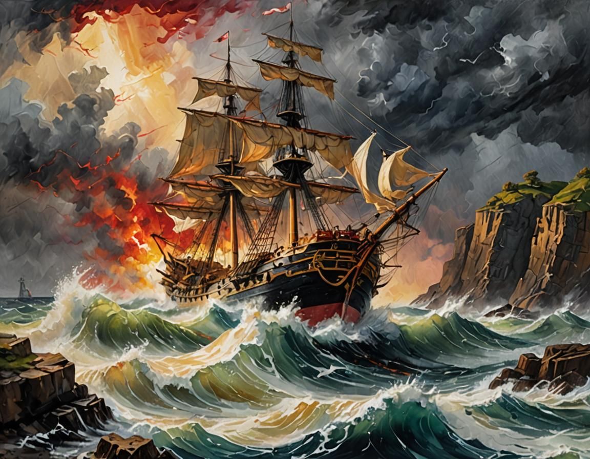 Shipwreck at Sea: Neo-Impressionist Oil Painting