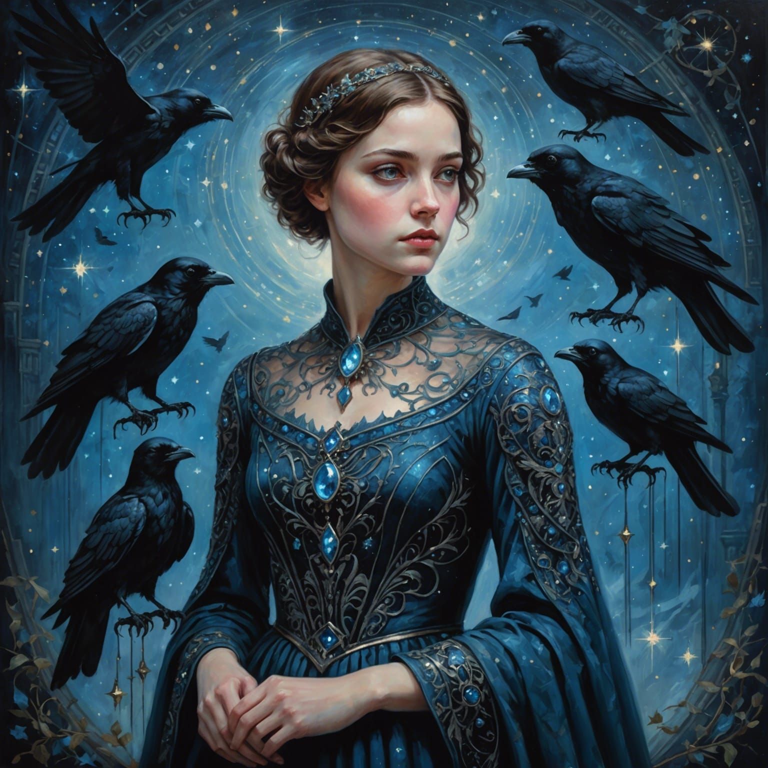 Girl with Raven Familiar in Renaissance Style