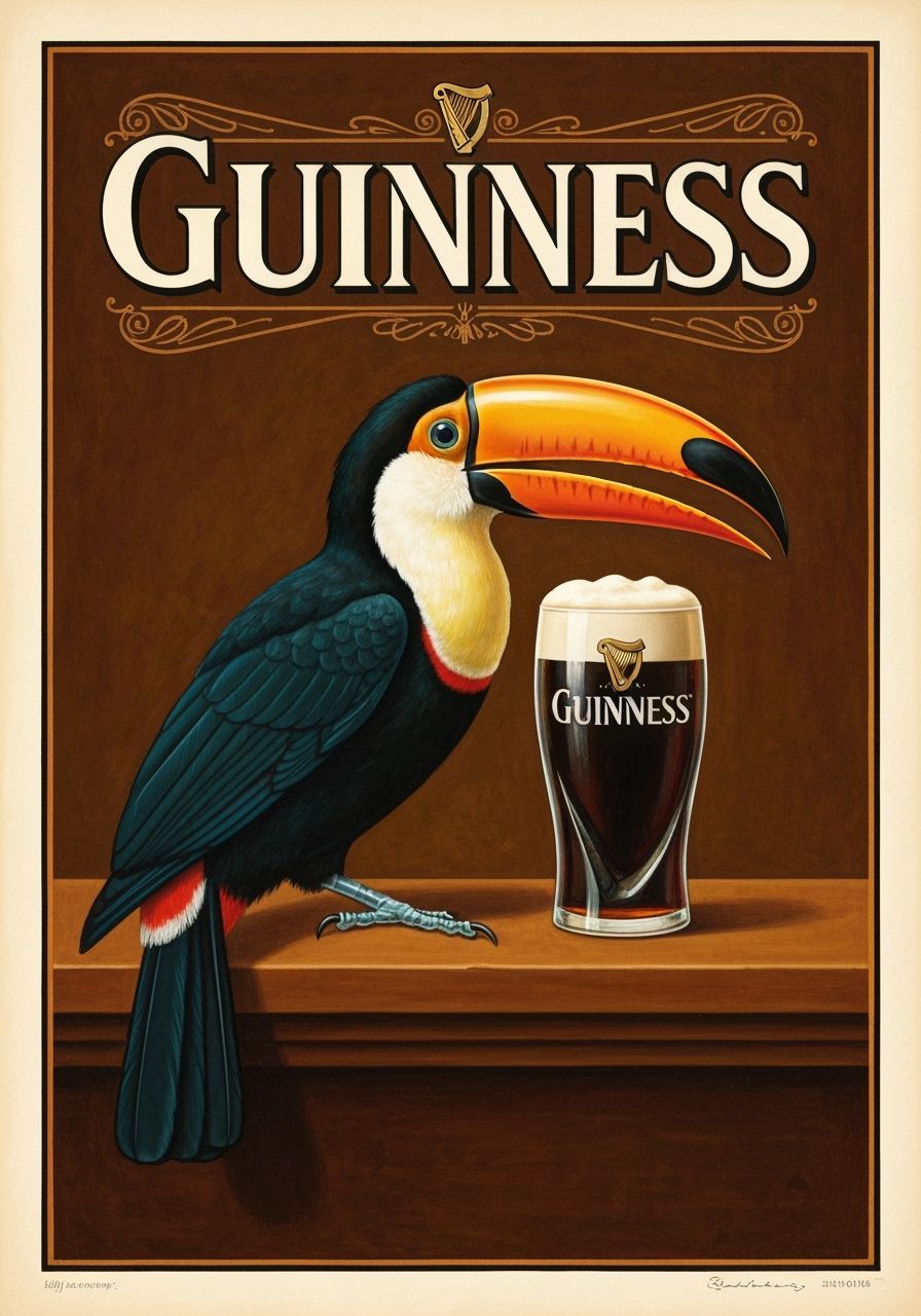Vintage Guinness advertising poster showing a toucan and a g...