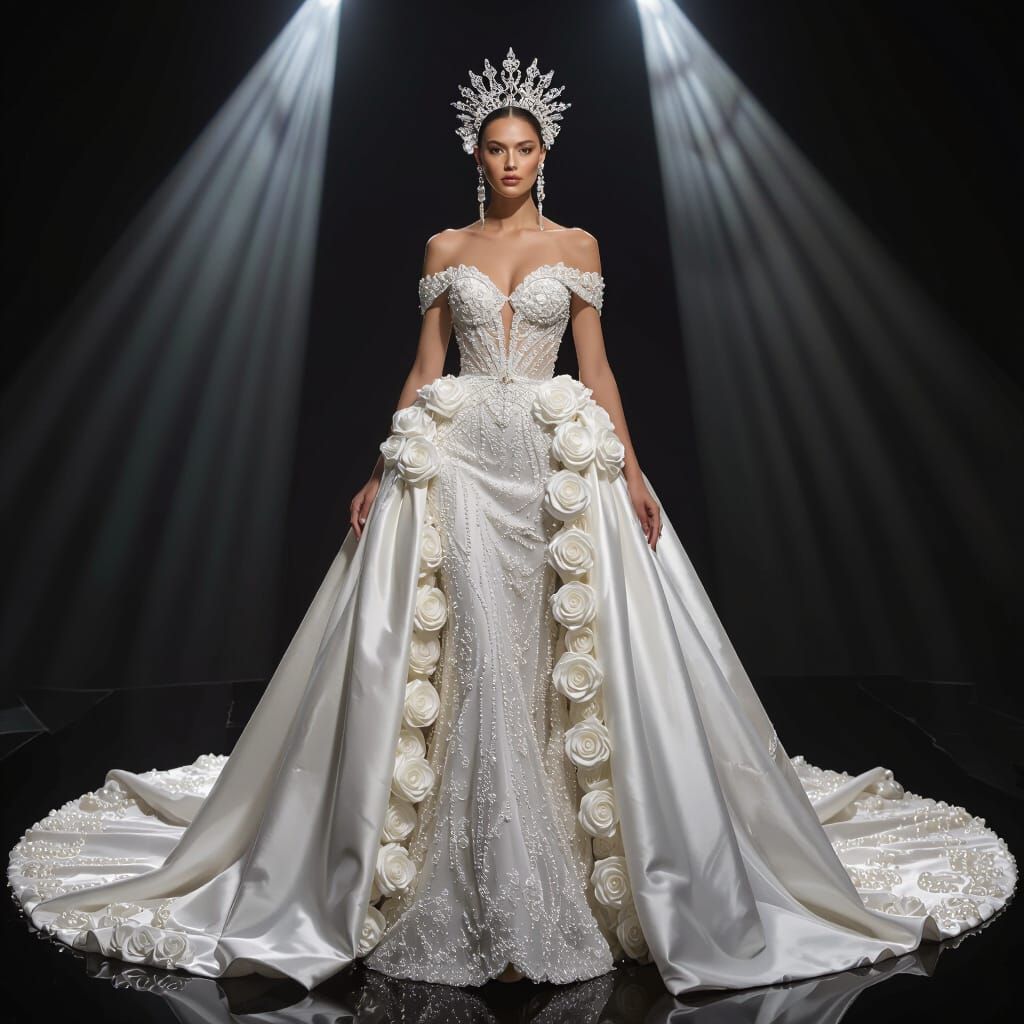 Haute Couture Bride in Platinum Gown Adorned with Pearls and...