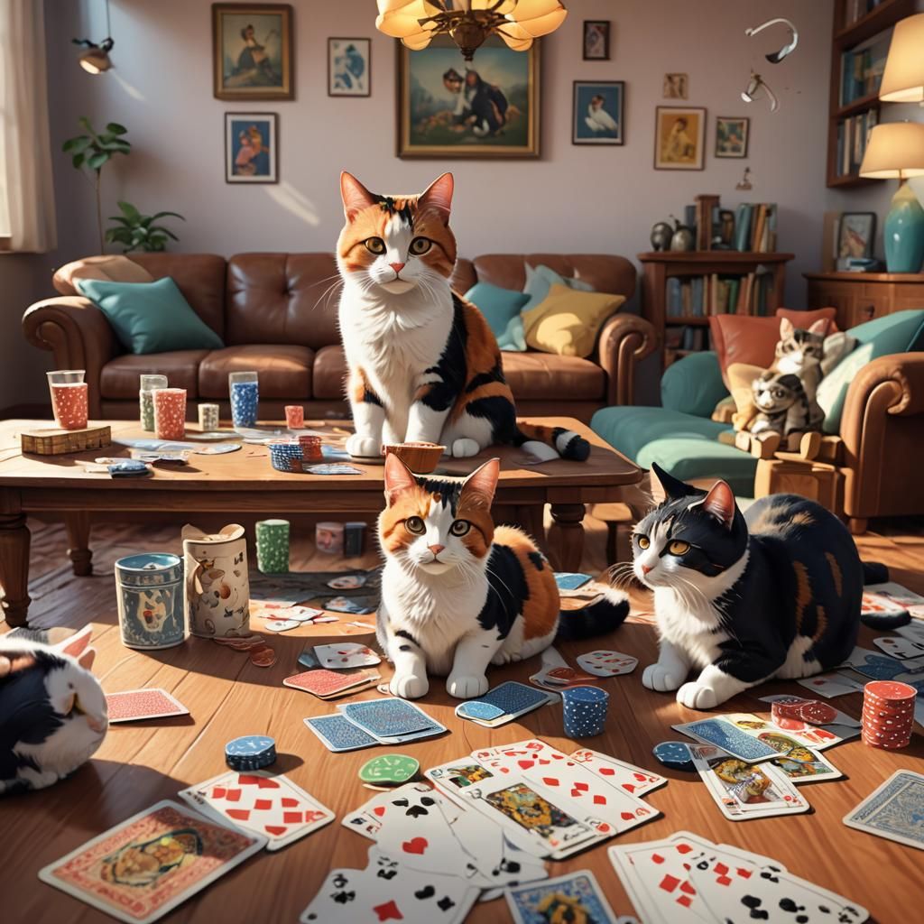 Calico Cats Playing Cards: Pixar-Style 3D Art