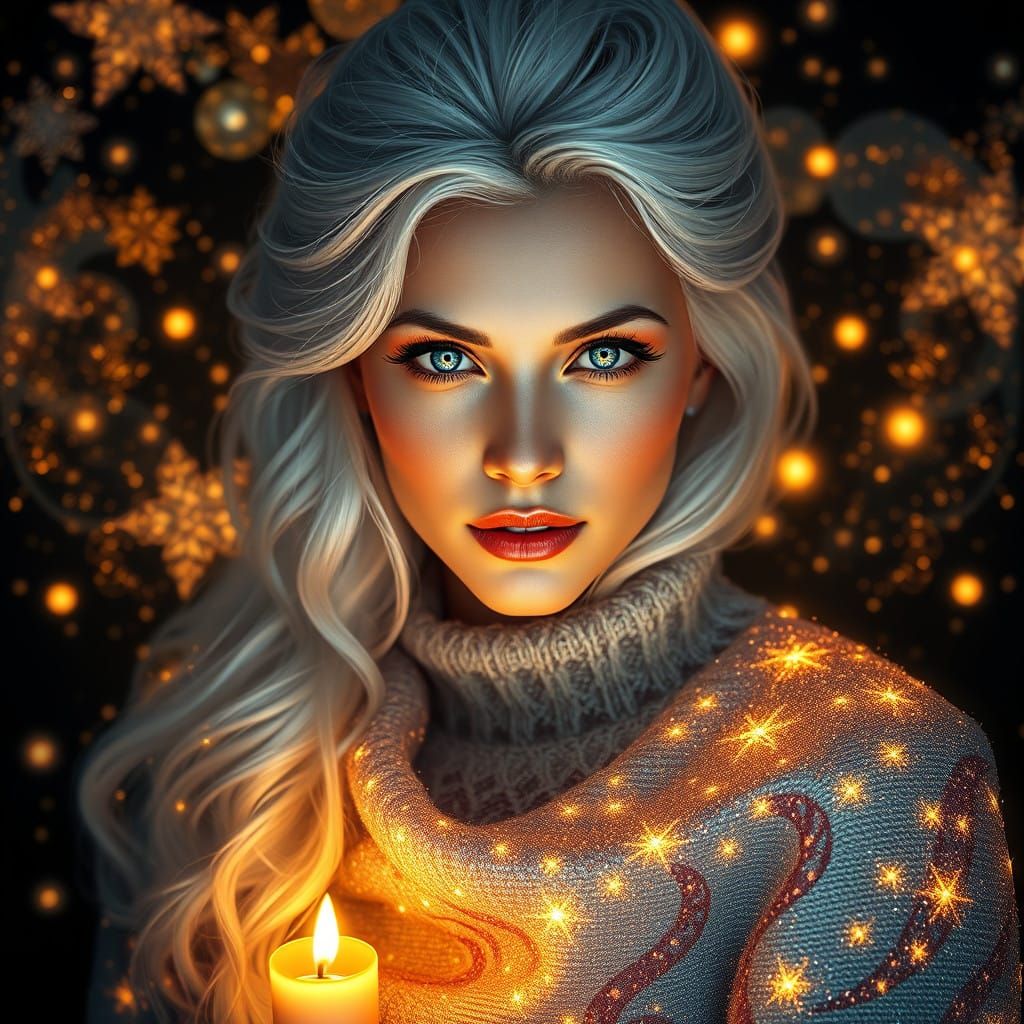 Regal Snow-Haired Woman in Iridescent Christmas Sweater