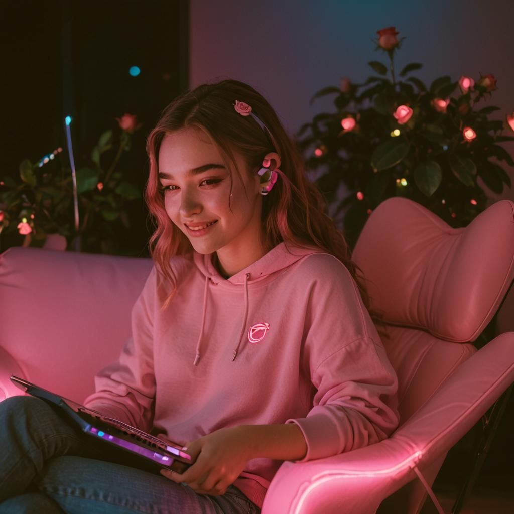 Photogenic Teenage Girl Winking with Pink Neon Lighting