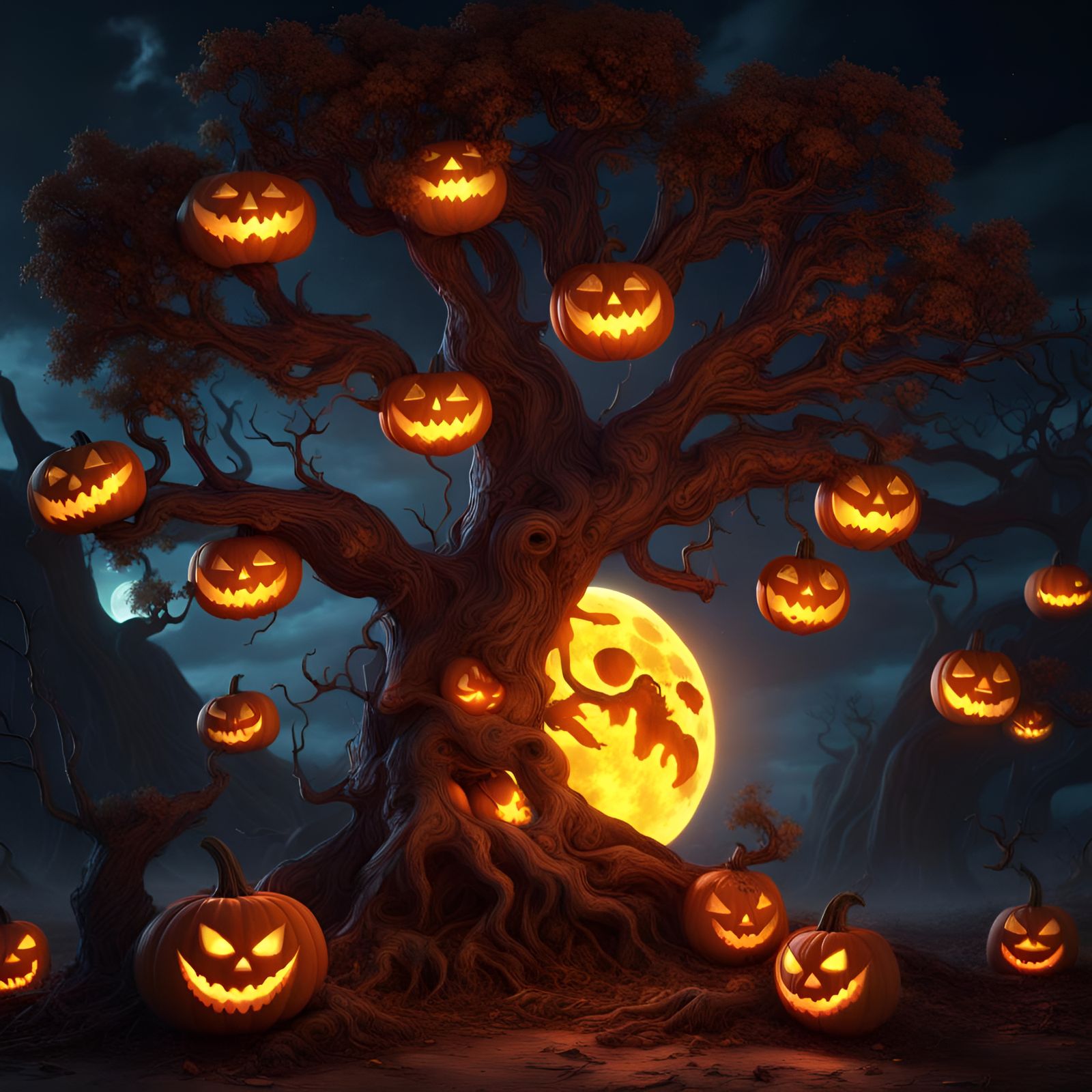 Glowing Spooky World Tree with Jack-o-Lanterns