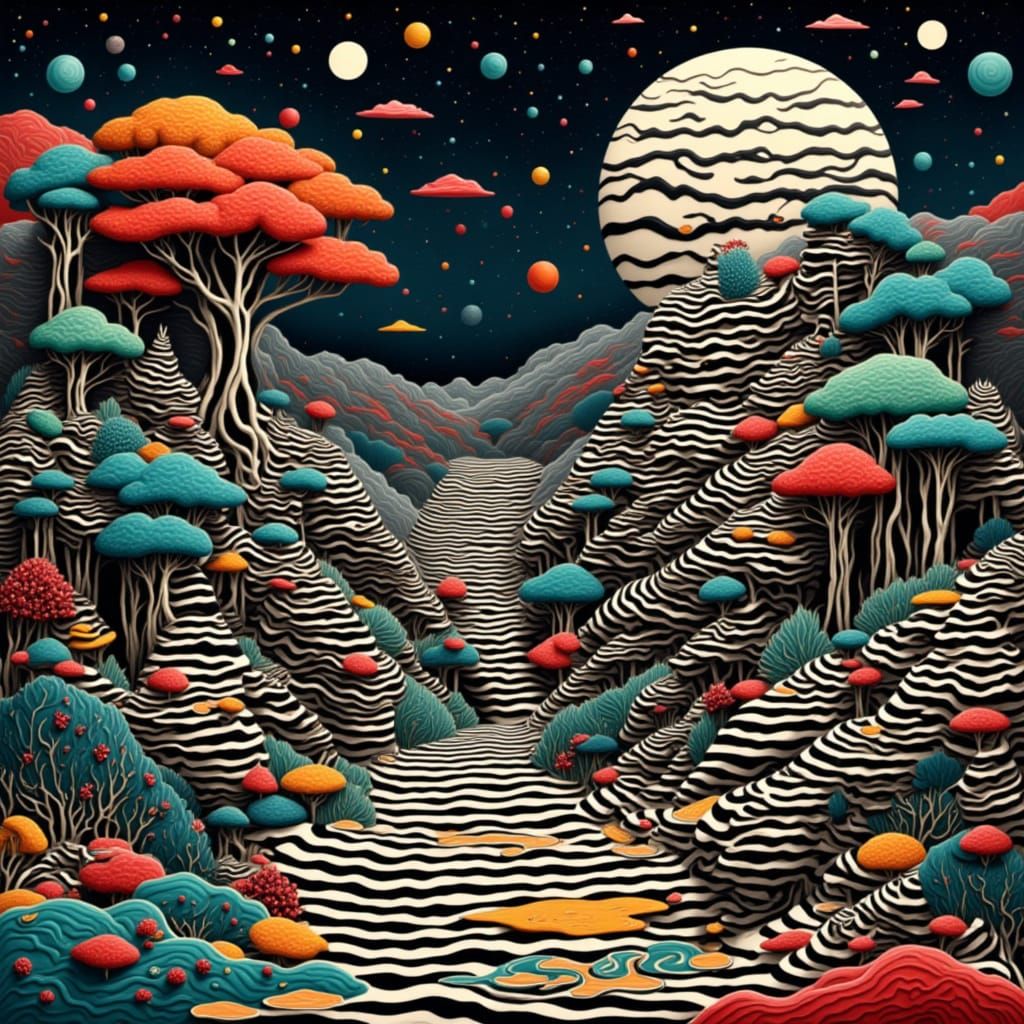 Zebra Moon Over Tiered Landscape in Zebrapunk Style