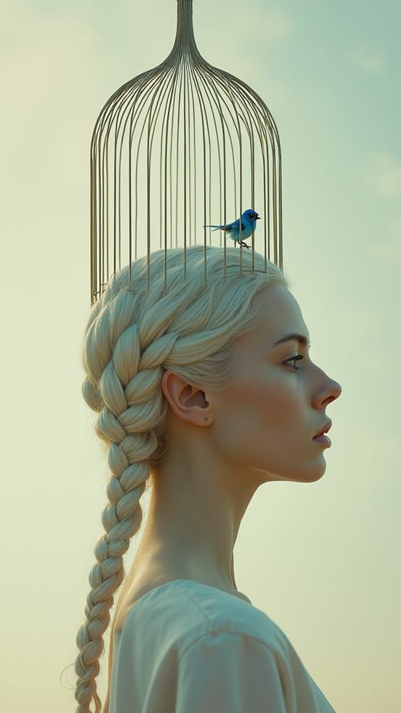 Surreal Woman's Hair Sculpted Into Birdcage Portrait