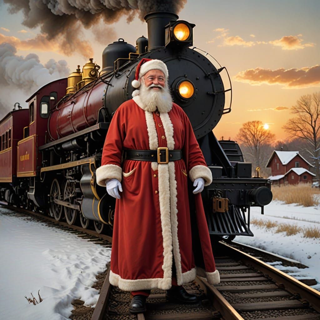 Vintage Santa Claus Beside a Classic Steam Train