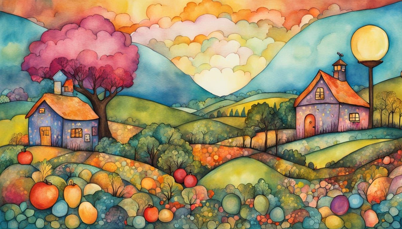 Whimsical Farmstand with Cat in Alcohol Ink Style