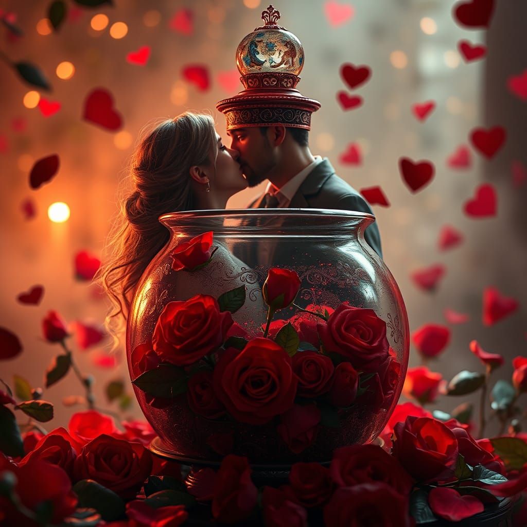 Romantic Kiss Amidst Roses and Hearts