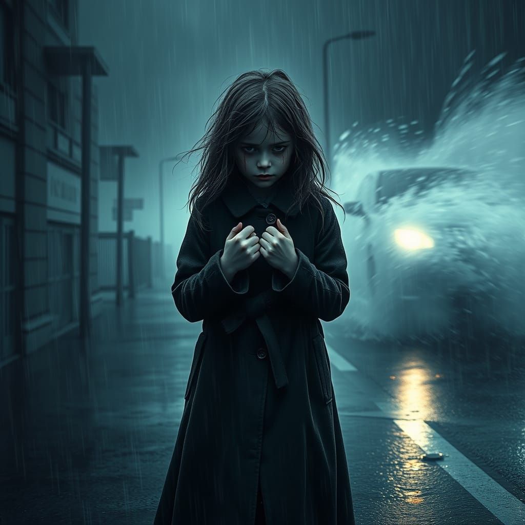 Girl Lost in Desolate Rainy Night