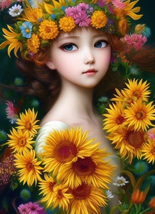 Fantasy Sunflower Girl Portrait in Anime Style