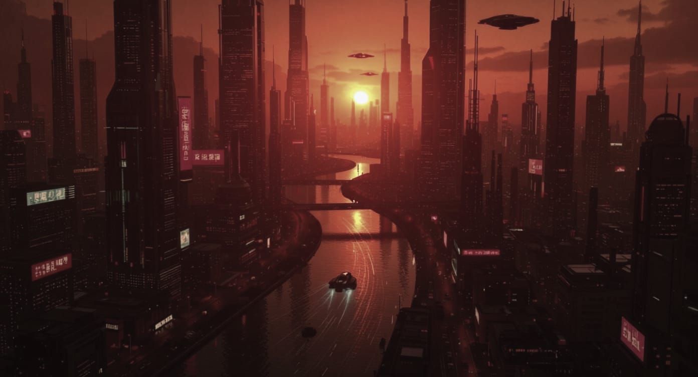 Futuristic Megacity Overhead View with Flying Vehicles