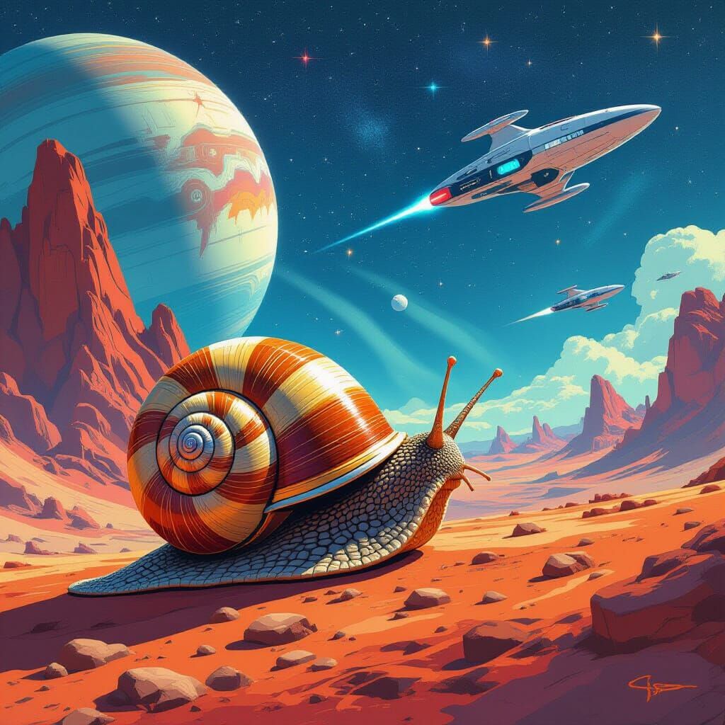 Snail in Starfleet Uniform Exploring Alien Planet