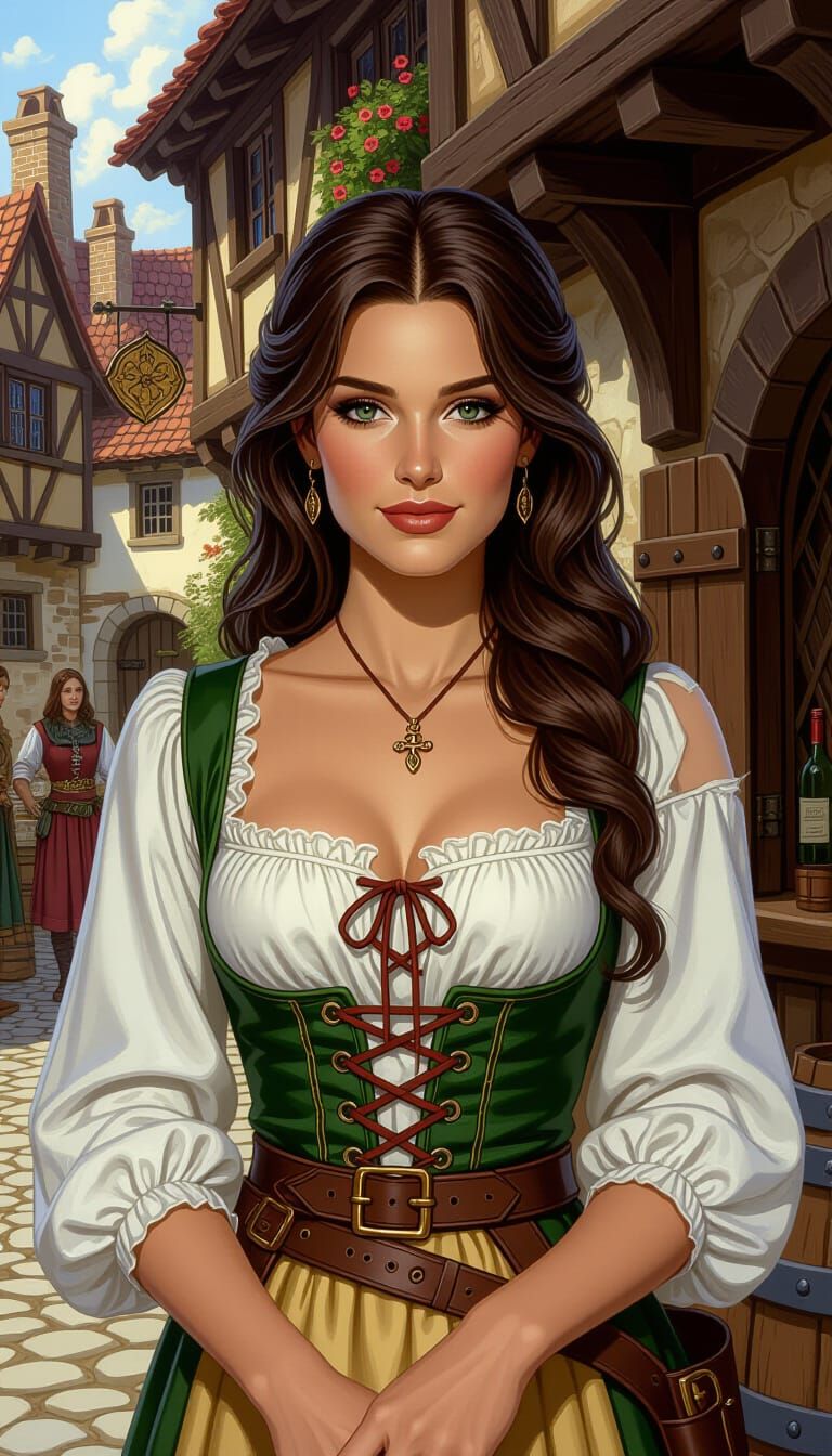 Medieval Barmaid Outside Tavern in 1980s Fantasy Art Style