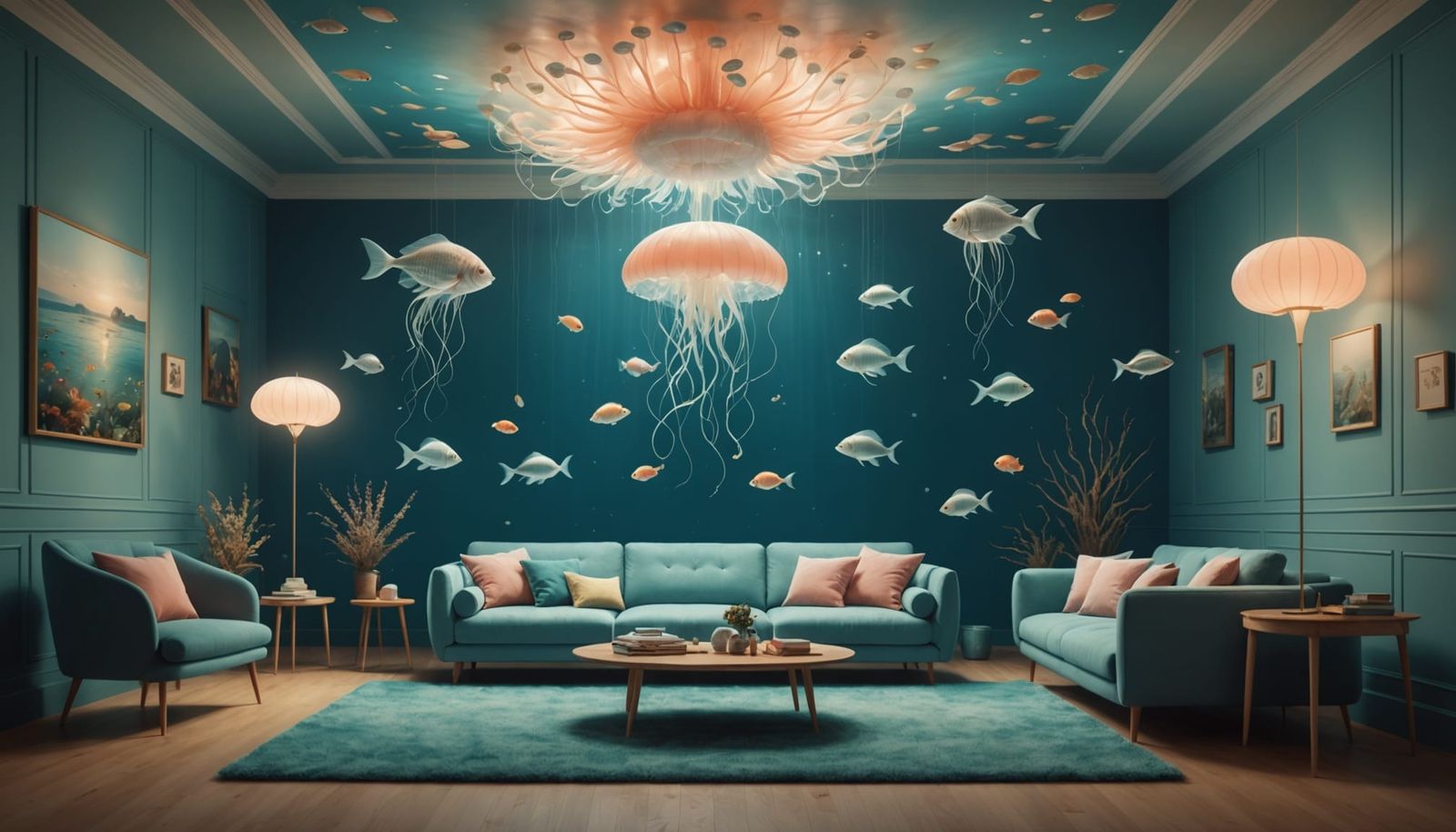 Surreal Underwater Room with Fish Sofa