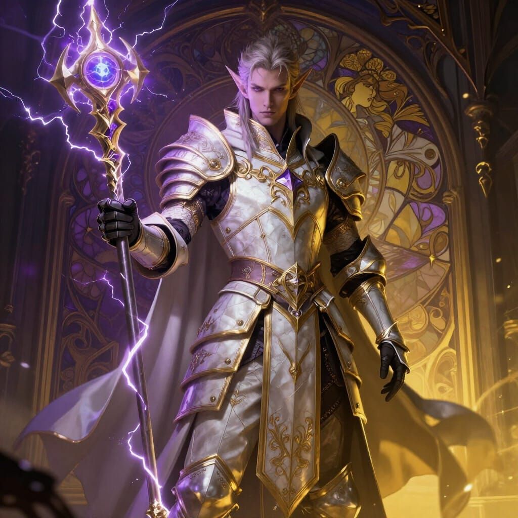 Elven Mage Wielding Lightning Staff in Dark Fantasy Art