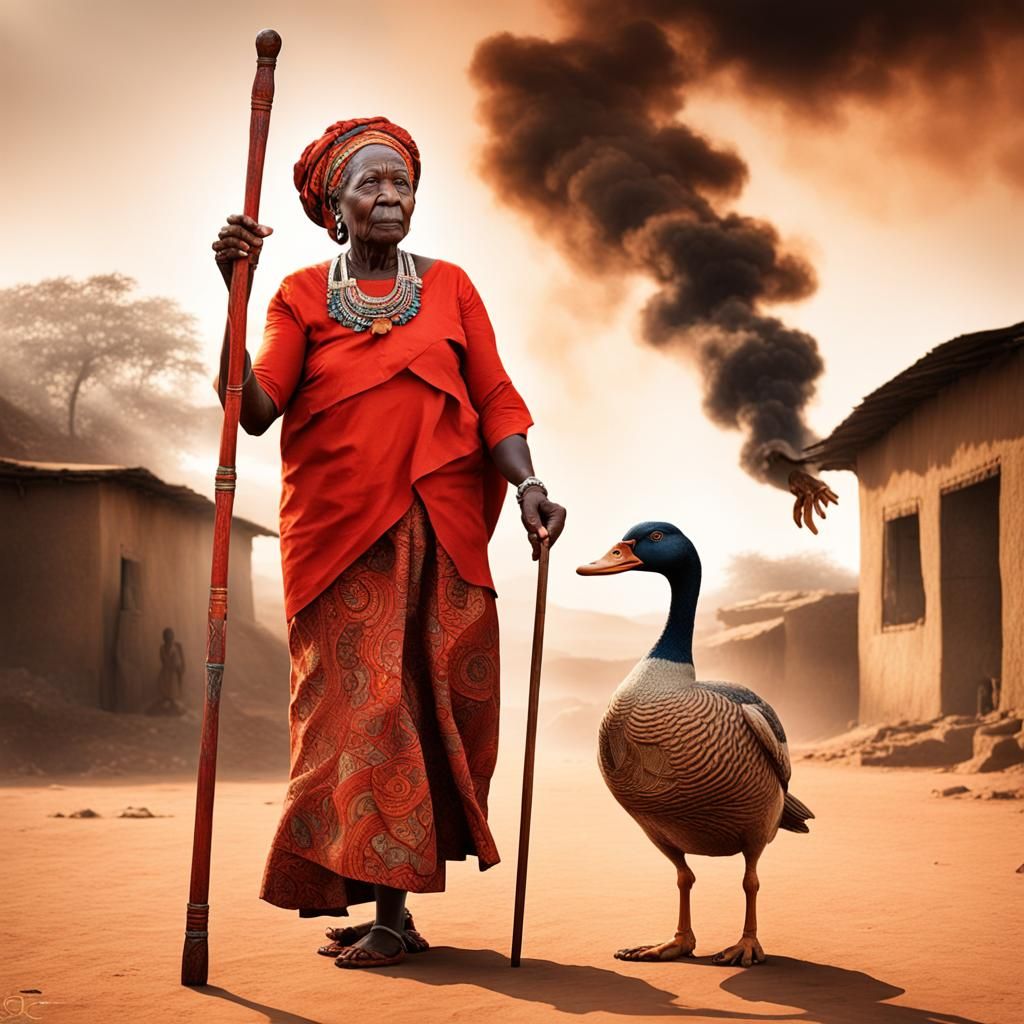 An old African woman in a red and orange dress hold8ng a walking stick. Her other hand raised. A large duck made wntirel...