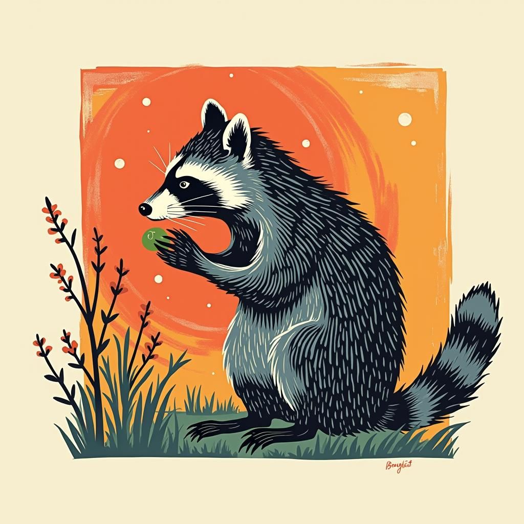 snacking raccoon. woodcut, linocut, relief print, minimalist...