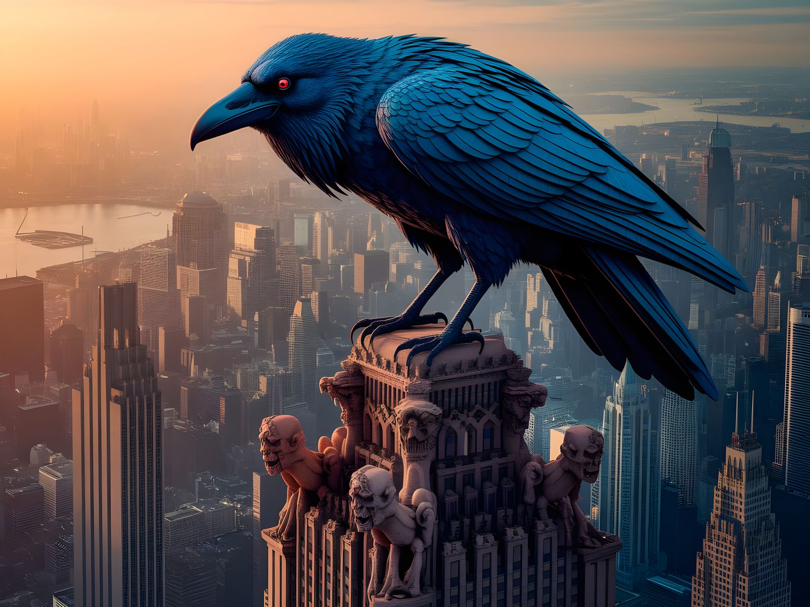 Ancient Raven Perches on Skyscraper in Surreal Cityscape