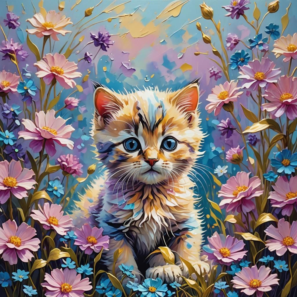 Kitten in Floral Impressionism Style Painting