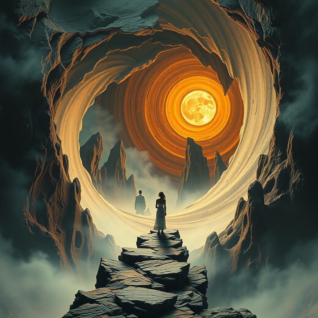 Woman in Surreal Time Vortex with Geometric Patterns