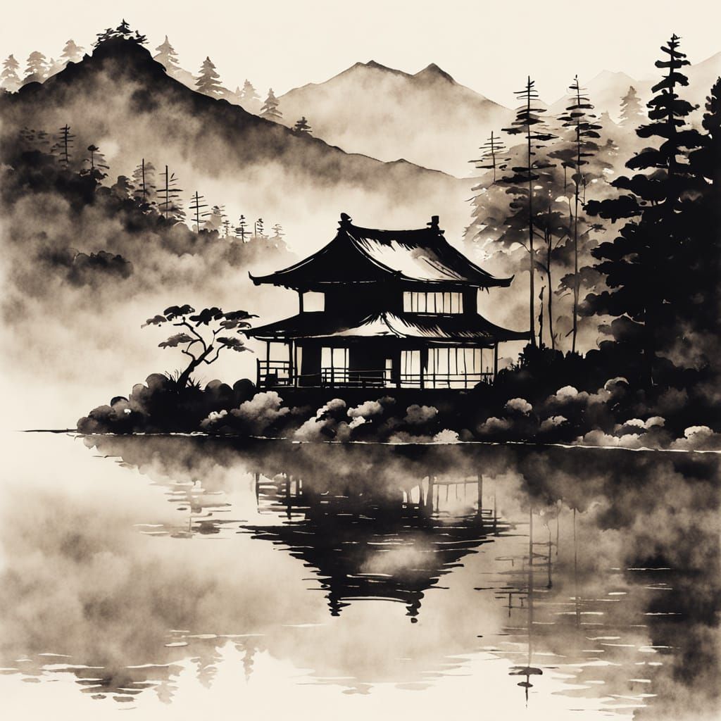Serene Lakeside Abode in Japanese Sumi-e Style