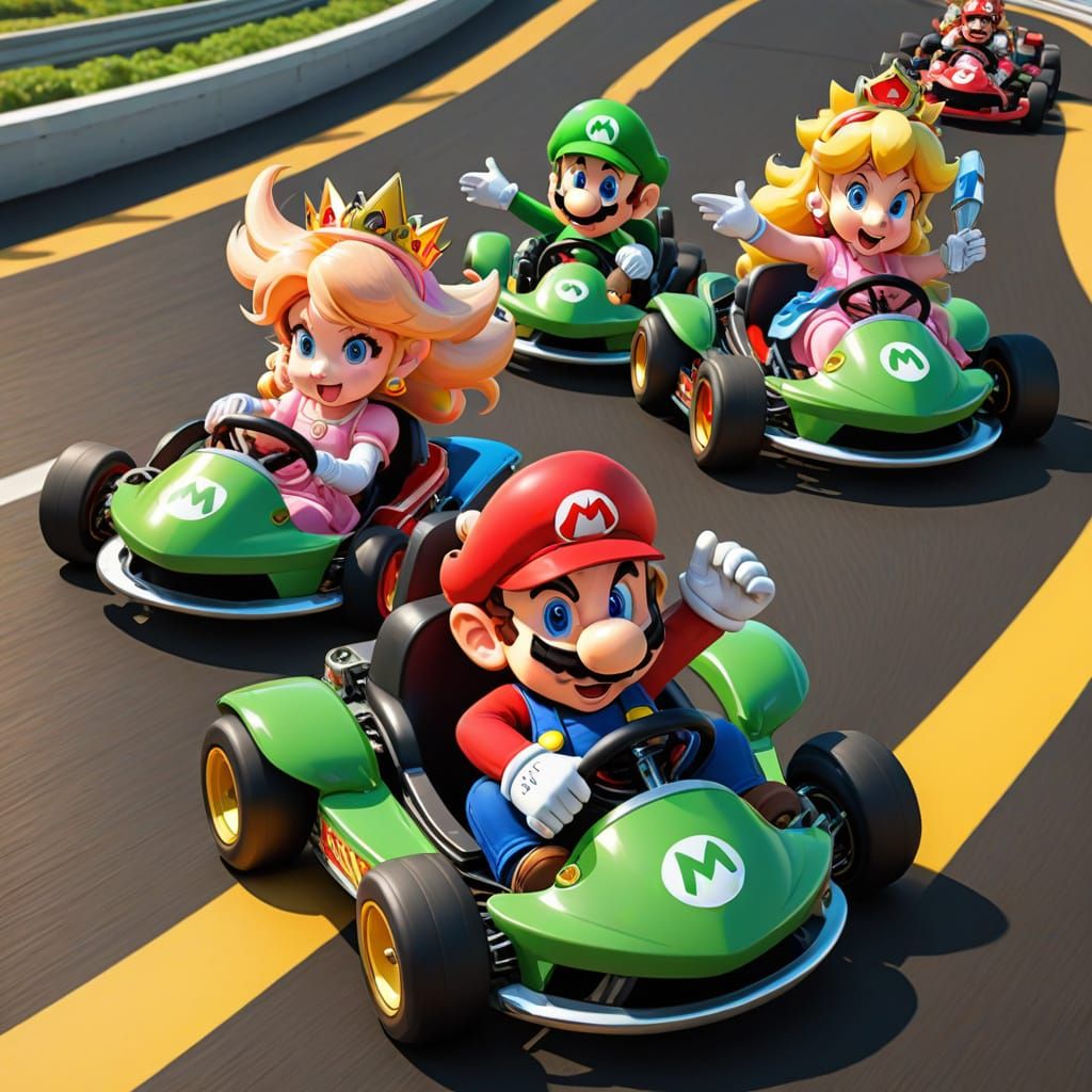 Vibrant Mario Kart Track Scene with Exaggerated Characters